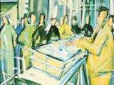 un tableau représentant un groupe de personnes debout autour d'une table