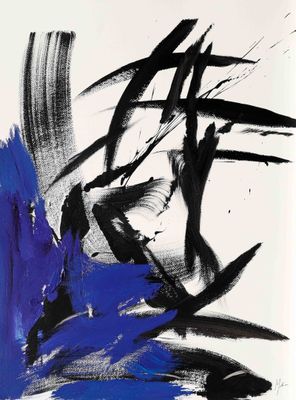 une peinture en noir et blanc sur laquelle est appliquée de la peinture bleue