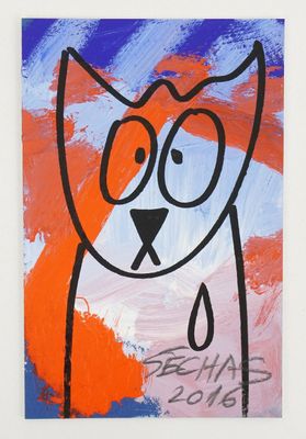 a painting of a cat with a tear coming out of it ' s mouth