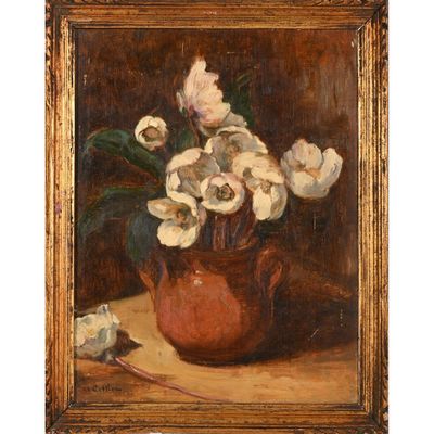 une peinture à l'huile représentant des fleurs dans un vase sur une table