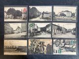 several old black and white photos of a street with buildings and people