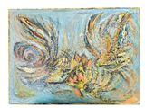 abstract painting of a fish in blue, yellow, and orange