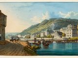 un tableau représentant une vue d'une ville au bord de l'eau