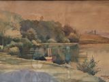 a painting of a chair on the shore of a lake