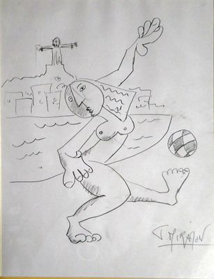 dessin représentant un homme jouant avec un ballon sur la plage