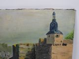 an oil painting of a building with a clock tower on top of it