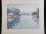 l'image d'une peinture représentant une rivière avec des arbres en arrière-plan