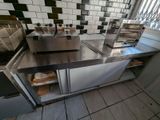stainless steel counter top in a commercial kitchen with tiled backsplash