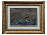 une peinture à l'huile représentant un voilier en mer par temps nuageux