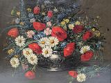 a painting of flowers in a vase on a table