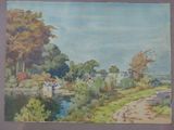 an image of a watercolor painting of a river and a village