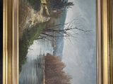 une image représentant un tableau d'un lac avec des arbres au premier plan