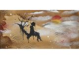 tableau représentant un homme à cheval dans la neige, avec un arc-en-ciel en arrière-plan