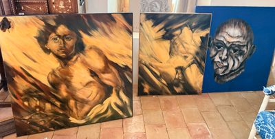 deux tableaux représentant un homme et une femme sur un parquet