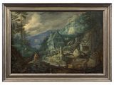an oil painting of a mountain scene with a man and a dog