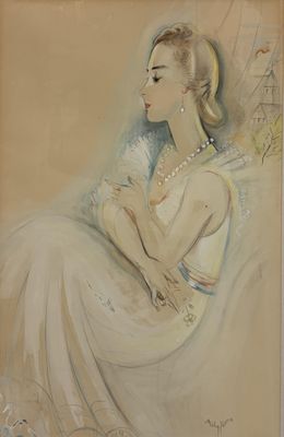 tableau représentant une femme vêtue d'une robe blanche, portant des perles autour du cou