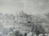 a drawing of a castle in the middle of a field