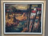 painting of a landscape with a river and a house in the distance