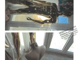 two pictures of a cat sitting on the floor next to a mannequin