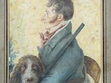 tableau représentant un homme et un chien, assis sur une chaise, un fusil à la main