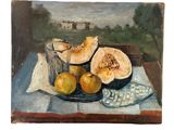 un tableau représentant une assiette de fruits posée sur une table