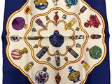blue and white silk scarf with a picture of various objects