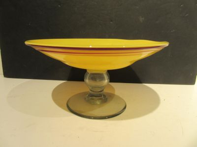 a yellow bowl sitting on top of a glass stand