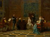 un tableau représentant un groupe de personnes assises autour d'un piano