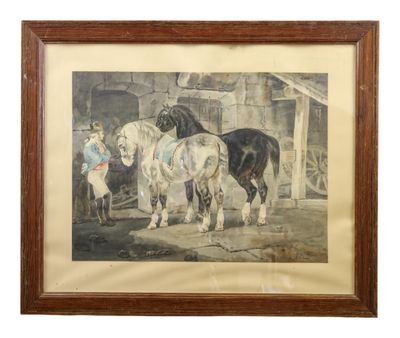 painting of two horses and a man in a stable with a dog