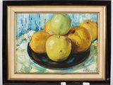 a painting of a bowl of lemons on a table