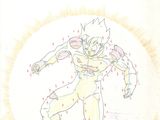 dessin représentant un homme vêtu d'un costume jaune orné d'un motif rouge et blanc