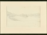 dessin représentant une vue sur une rivière avec un pont au loin