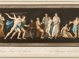 a painting of a group of women dancing in front of a man