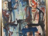 a painting of a woman sitting in a chair with a hat on her head