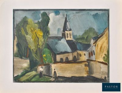 une photo d'un tableau représentant une église à la campagne