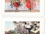 deux tableaux représentant des fleurs dans un vase posé sur le rebord d'une fenêtre