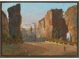 an image of a painting of a mountain scene with a person walking on the road