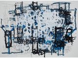 an abstract painting with blue and white paint on a white background