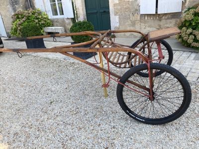 a bike that is attached to a cart in front of a house