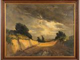 a painting of a dirt road with trees in the distance