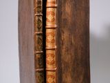 a close up of a brown book with two books inside of it