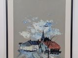 painting of a church and a tree in a field with a sky background