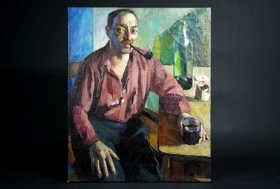 tableau représentant un homme assis à une table, un verre de vin devant lui