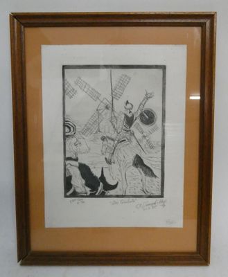 dessin d'un homme et d'un chien avec un moulin à vent en arrière-plan