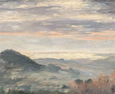 an oil painting of a landscape with a mountain in the distance