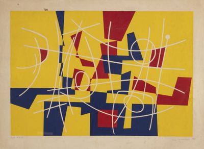 an image of a painting with red, yellow, and blue lines
