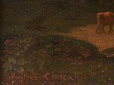 a painting of a cow standing in the middle of a field