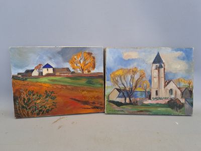 deux tableaux représentant une église et une église sur une colline