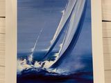 painting of a sailboat sailing in the ocean with a blue sky