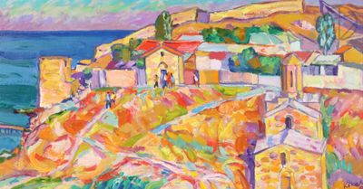 une peinture à l'huile représentant des maisons situées sur une colline surplombant l'océan